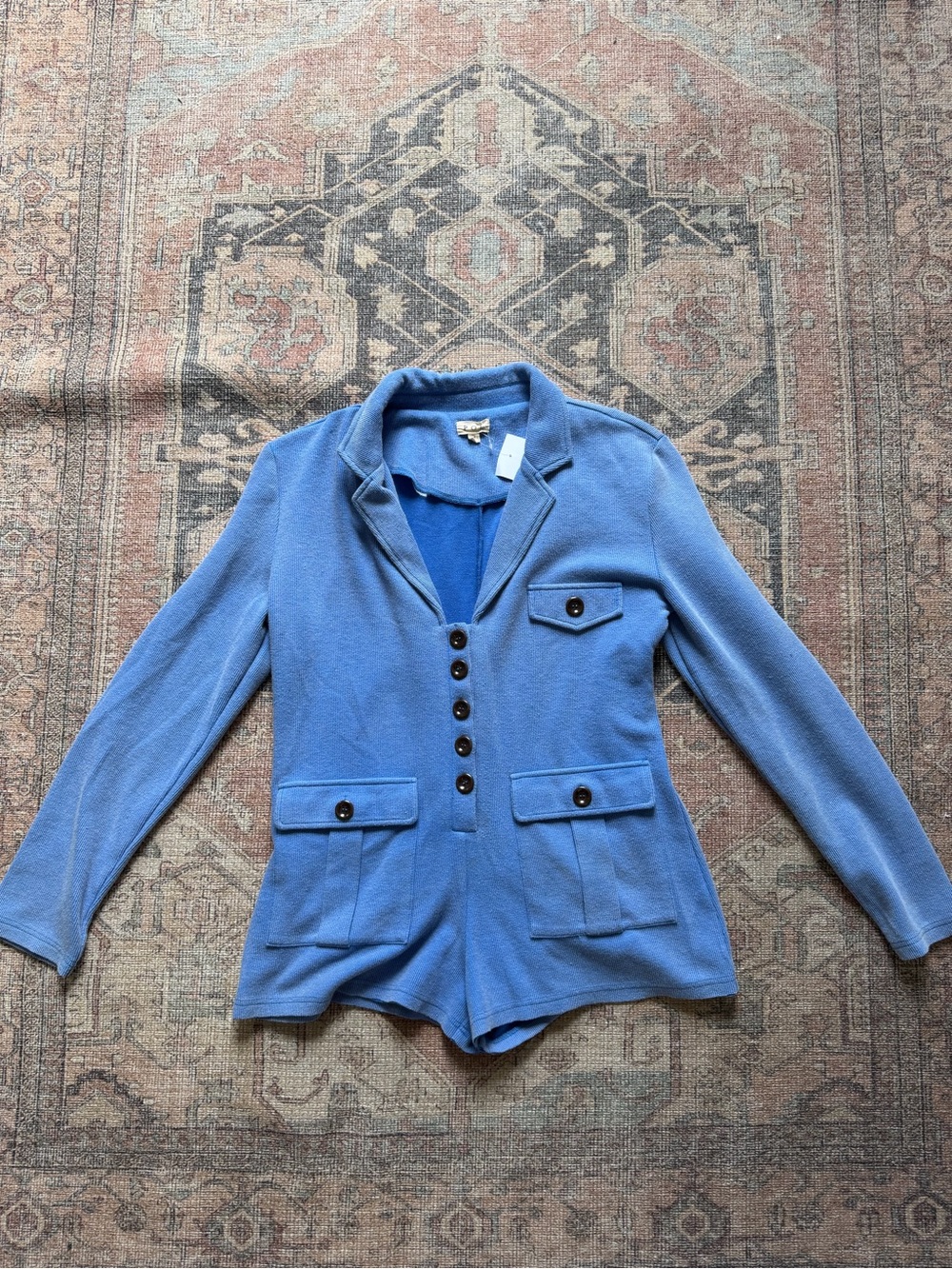 POL Light Blue Button-Front romper with Pocket Flaps